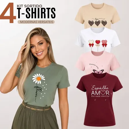 Kit 4 Blusa Feminina Blusa Camiseta T-shirt 100% Algodão