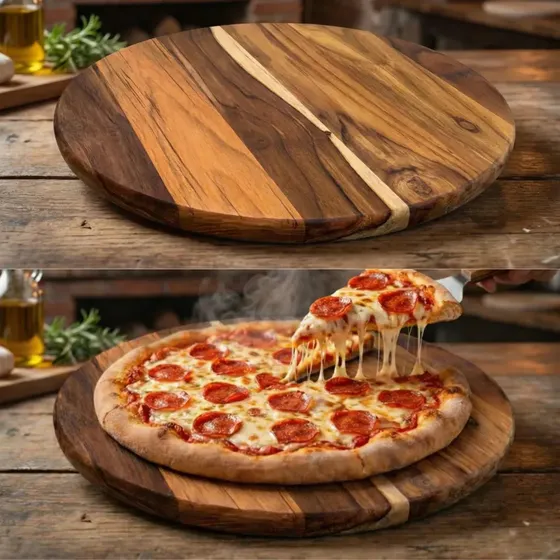 Tábua De Madeira Teca 35cm Para Cortar E Servir Pizza 8 Pedaços Pizzaria Profissional Brasa Store Liso Marrom