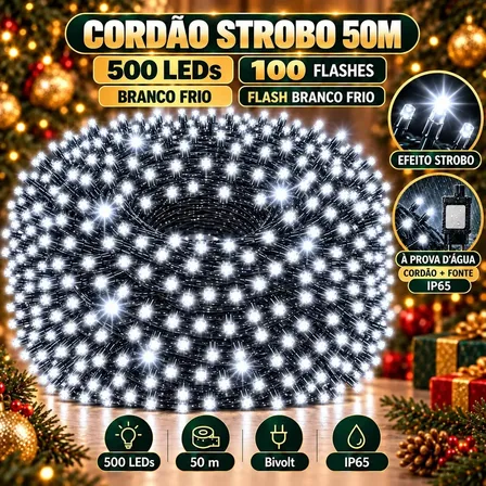 Strobo Pisca Pisca Cordão Natal 500 Leds 50m Prova D'Água Bivolt Branco Frio 100 Flash Branco Frio Decoração Enfeite Natal LuvinCo