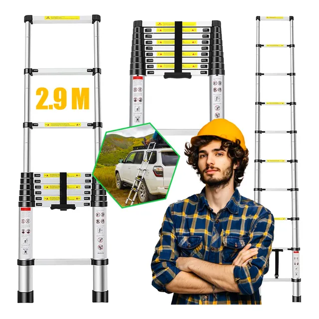 Escalera De Aluminio De 2.9 Metros Telescópica Retráctil 10 Peldaños Plateado BOWOSHEN
