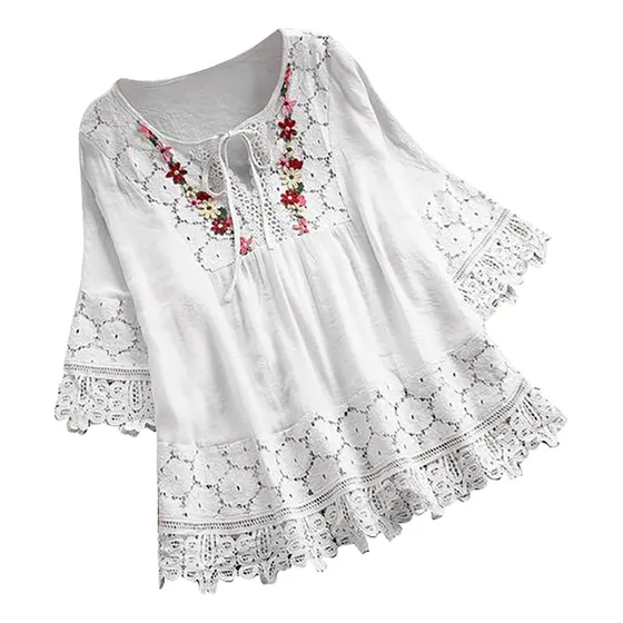 Blusa Vintage De Encaje Con Lazo Y Cuello En V Para Mujer