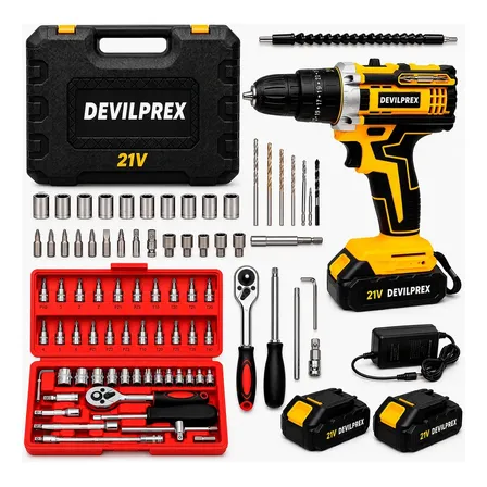 Kit Parafusadeira Furadeira De Impacto 2 Baterias + Kit 46 Peças Profissional DEVILPREX