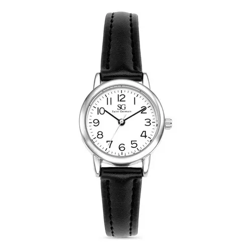 Relógio Feminino Chrowl Saint Germain Pulseira Couro Caixa Prateada Fundo Branco 28mm Clássico Elegante