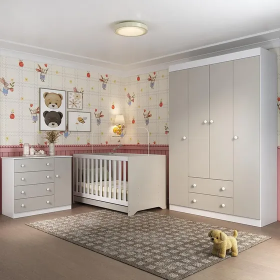 Quarto de Bebê Completo com Berço Americano 3 em 1 Encanto Multimóveis MP4581 Branco/Off White