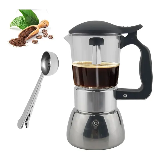 Cafetera Italiana Moka Acero Vidrio Inducción Estufa 2-3 Taz Color Plateado N/A