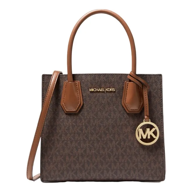 Bolsa Tote Michael Kors Mercer Café Chica Acabado de los herrajes Dorado Color Marrón oscuro Diseño de la tela Liso