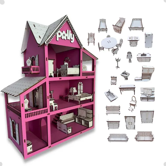 Paraíso do Mdf Casinha de Boneca Infantil casa MDF cor rosa de madeira 56.5cm x 44.5cm