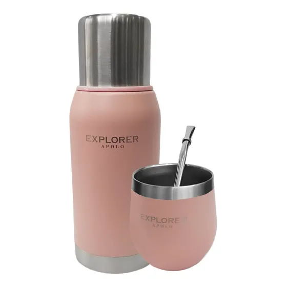 Termo Acero Inoxidable Explorer 750 + Mate 193 Ml + Bombilla Color Rosa