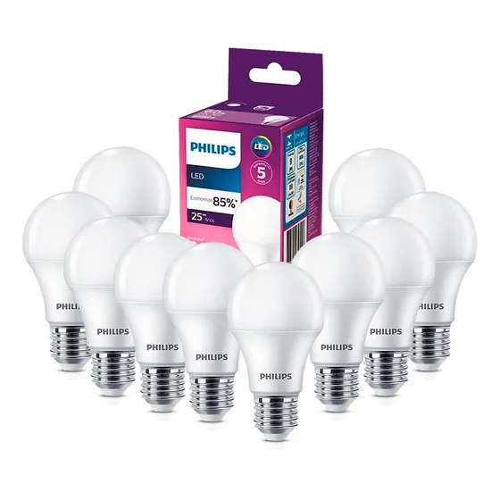 Kit 10 Lâmpadas Led Bulbo A55 9w Bivolt E27 4000k Philips