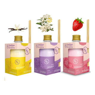 Kit 3 Com Difusor Aromatizadores Baunilha, Morango E Jasmim Kit 3 Com Difusor Aromatizadores Baunilha, Morango E Jasmim