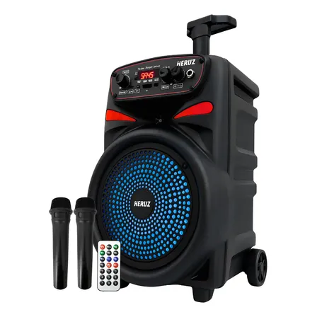 Caixa De Som Amplificada Bluetooth Grande Potencia 2000 Pmpo 10w Saida Entrada Com 2 Microfone Sem Fio Karaoke Preto 127/220v