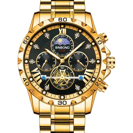 Relógio De Pulso Clássico Masculino Aço Inoxidável Dourado Dourado Preto