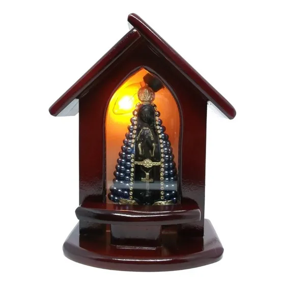 Capela Oratório Média Nossa Senhora Madeira Com Luz 19cm Cor Marrom