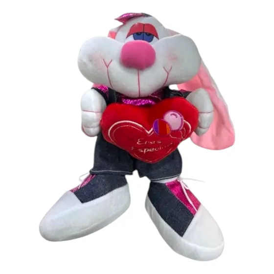 Peluche Conejo Orejas Largas 45cm Blanco Con Corazón Rojo.mc