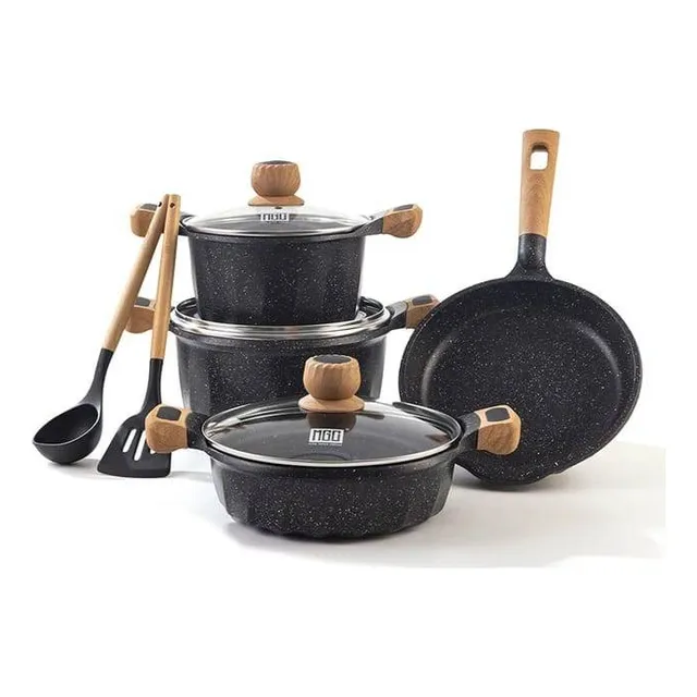 Juego De Olla Roca Volcanica Antiadherente 9pcs 100% Ecolog. Color Negro