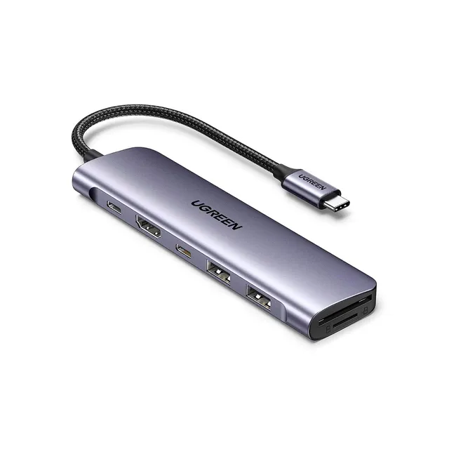 Hub adaptador Ugreen CM195 15214 7 en 1 para USB C suministro de energía de 100 W Plateado