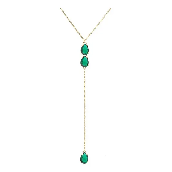 Colar Longo E Brinco Pedra Fusion Gota Verde Folheado Cor Dourado