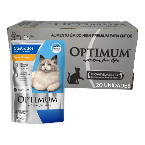 Caixa Alimento Úmido Optimum Gatos Castrado Frango - 20 Sachês, 85g cada