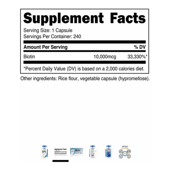Biotin Nutricost 240 Cápsulas 10,000 Mcg Vitamina B7.