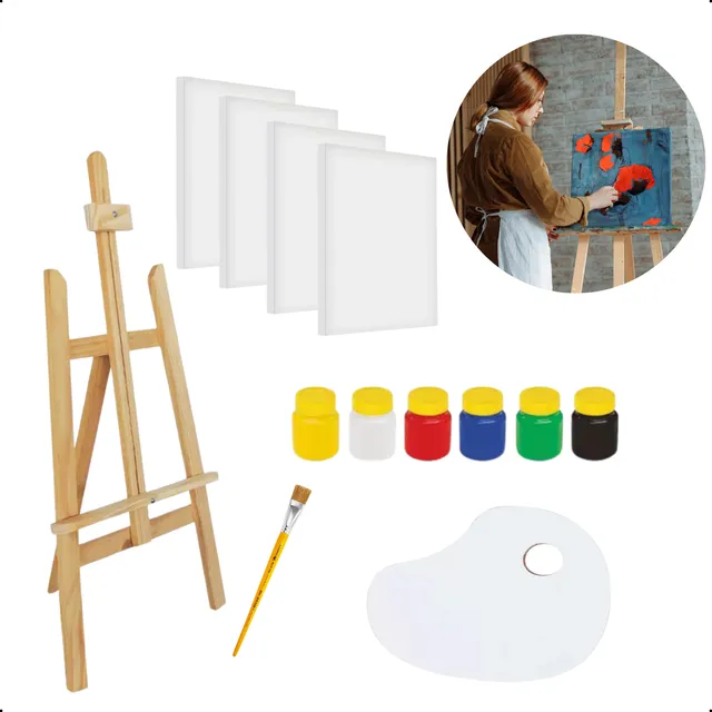 Kit Cavalete + 4 Telas 20x30 + Pincel + 6 Tintas + 1 Paleta