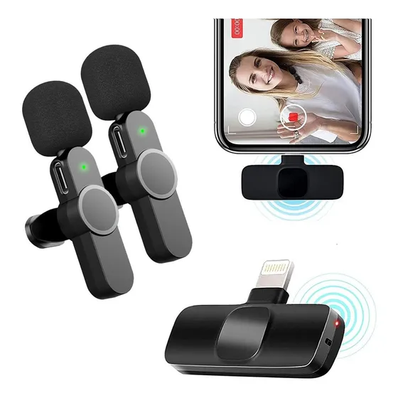 Kit 2 Microfone Lapela Sem Fio P/ iPhone Profissional 2 Em 1 Cor Preto - DR INFONET