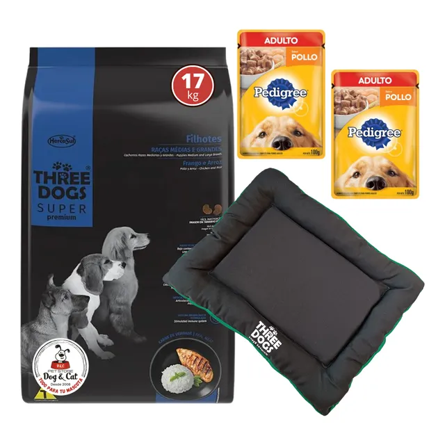 Three Dogs Super Premium Cachorro Med/gde 15kg+2kg+regalos