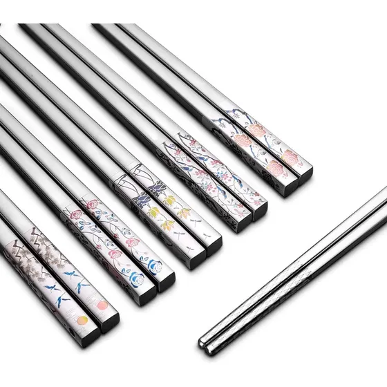 .. 5 Pares De Pauzinhos De Aço Inoxidável, Estilo Japonês E