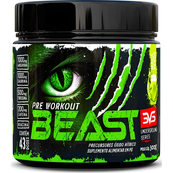 Pré-treino Beast 300g Sabor: Maçã Verde - Ultra Concentrado - Promove Vasodilatação, Recuperação Energética, Aumento De Óxido Nítrico, Desintoxicação E Melhora De Concentração E Foco 