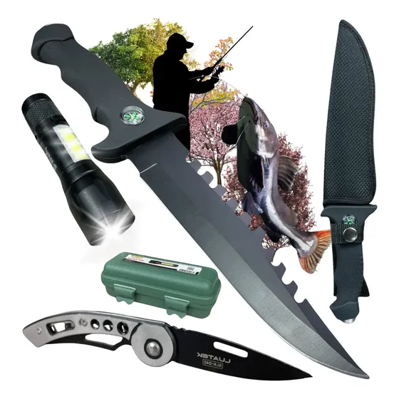 Kit Sobrevivencia Completo Com Faca + Canivete + Lanterna Cor Preto