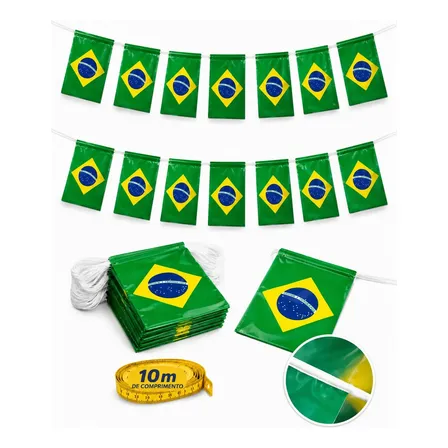 Varal Bandeirinhas Brasil 10m 20x15cm Plástico Copa Festas B Bandeira Brasil Futebol Eleições