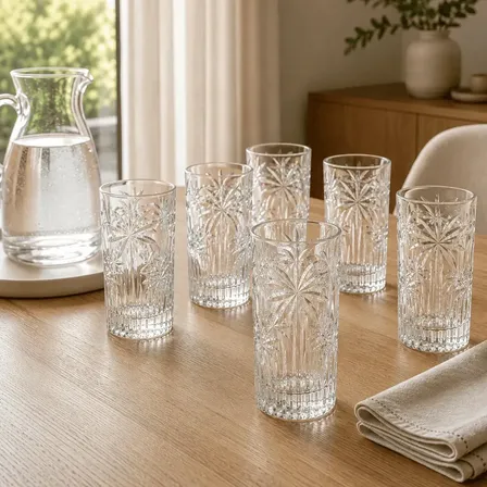 Jogo de Copos Altos Cristal Palm Tree 360ml 6 Peças para Água Suco Refrigerante Drinks Cristal Ecológico Wolff