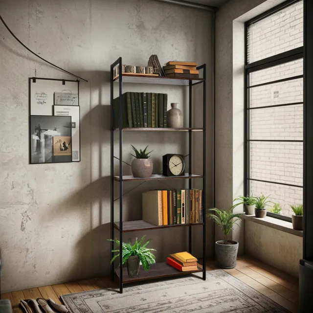 Librero Organizador Minimalista de Madera y Acero Inoxidable de 5 Repisas, Estante Organizador Multiusos Hasta 80 Kg, Ideal para Libros, Cómics, Películas, Videojuegos, Vinilos y más