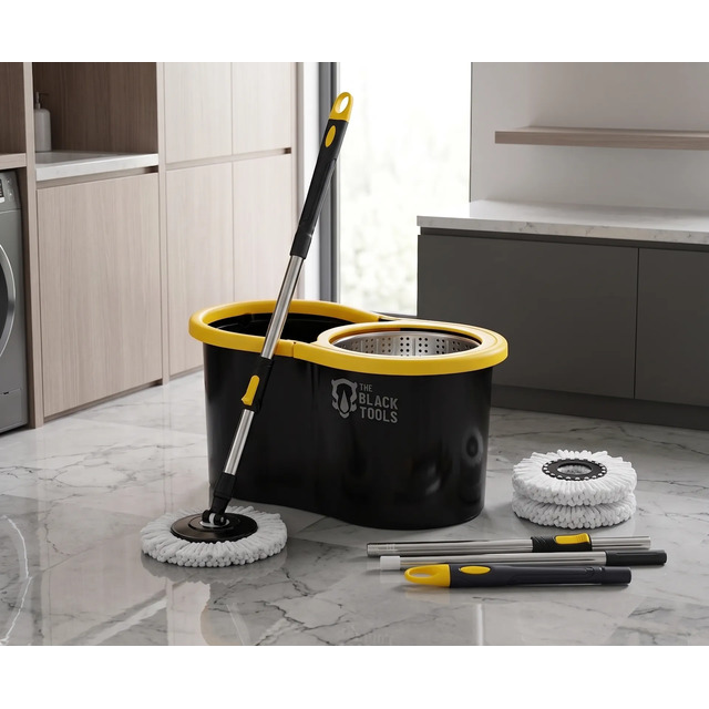 Mop Giratório 360° Balde Inox 8 Litros CentrÃfuga C/ 2 Refis Preto E Amarelo Mop Giratório 360° Balde Inox 8 Litros CentrÃfuga C/ 2 Refis Preto E Amarelo