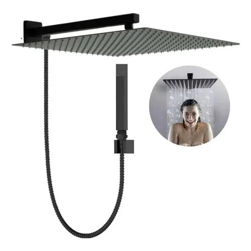 Ducha Chuveiro 30x30 Preto Fosco Inox Completo Com Desviador