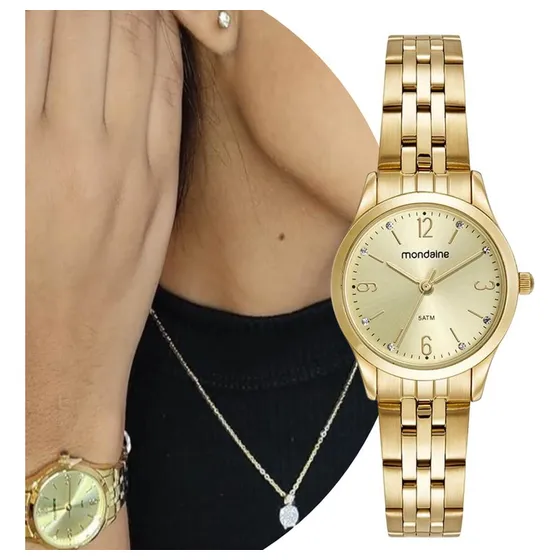 Kit Relógio Mondaine Pequeno Dourado E Colar De Cristal 32720lpmkde1k1