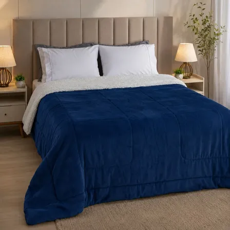 Coberdrom Casal Queen Size Sherpa Cobertor Edredom Inverno Azul-marinho Matelado