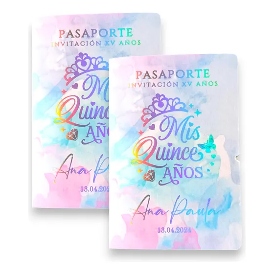 40 Invitaciones, Xv Años Tipo Pasaporte Tornasol Quinceañera