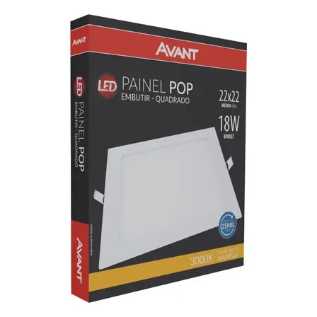 Painel Plafon De Led 18w Embutir Quadrado 22cm 3000k Avant