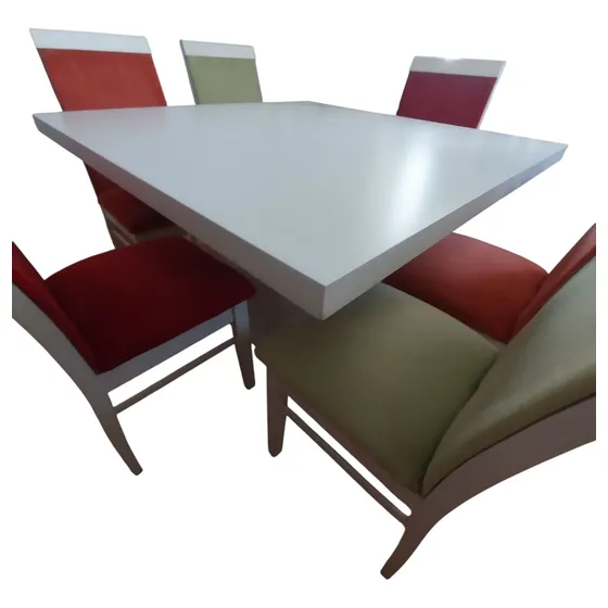Juego De Comedor Laqueado 6 Sillas Tapizadas En Pana. Blanco Pana