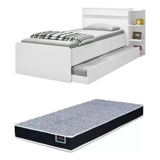 Kit Cama Baú Solteiro C/ Auxiliar + 1 Colchão Espuma D28 Ac