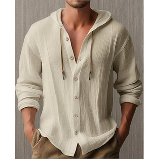 Camiseta Urbana Con Capucha Y Cuello En V De Algodón Y Lino Camiseta Urbana Con Capucha Y Cuello En V De Algodón Y Lino