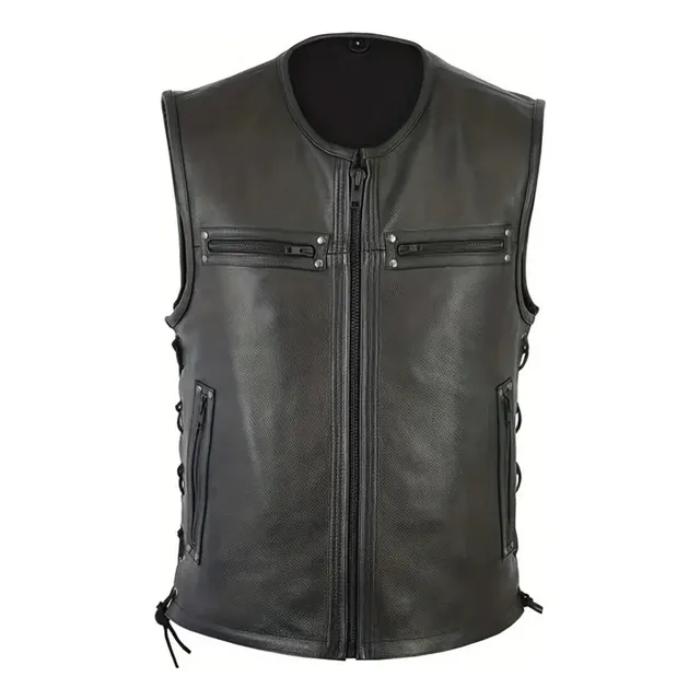 Chaleco Motociclista Cuello Redondo Cuero Ecologico Negro M