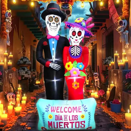 Inflable de Día de Muertos: Pareja de Calaveras de Azúcar Dfilio para Jardín