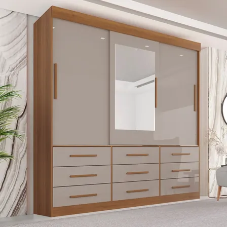 Guarda Roupa Casal 3 Portas 9 Gavetas Com Espelho Luana Cinamomo/off-white