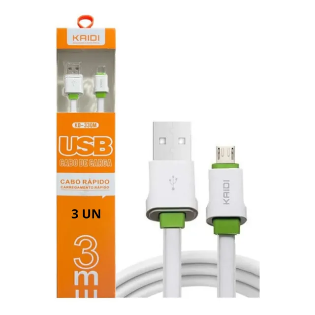 Kit 3 Cabo Carregador Kaidi 3m Micro Usb V8 Carga Veloz