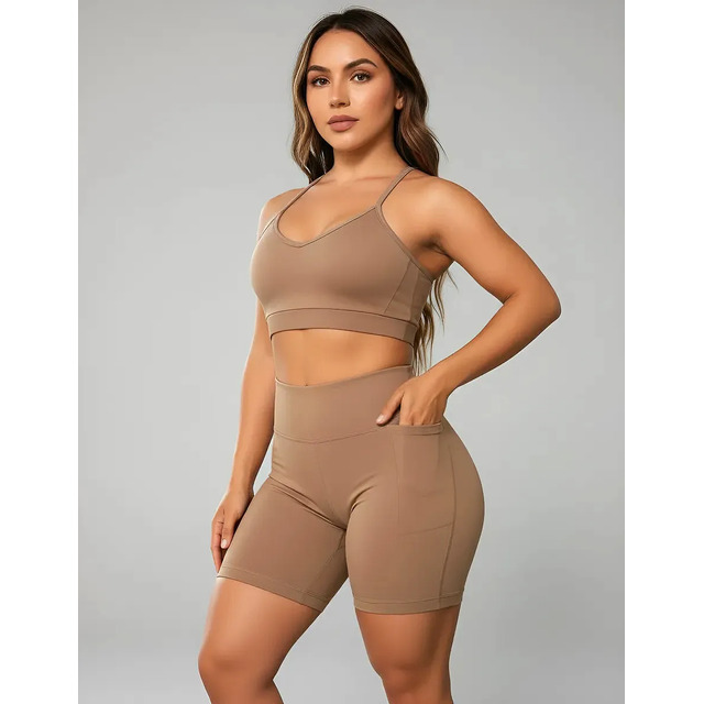 Conjunto Top E Bermuda Academia Com Bolso Zero Transparência