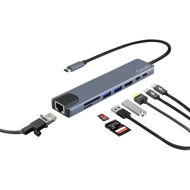 Hub Adaptador Usb-c Multipuertos 8 En 1 Carrello Entradas Usb A 3.0 5gbps Type C Pd Hdmi 4k Sd/tf 2.0 Rj45 Cable 0.15 Metros Color Gris Espacial Mac Xbox Ps4 Pc Android