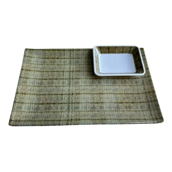 Set Sushi Plato Rectangular + Dip Sojero Diseño Caña Verde