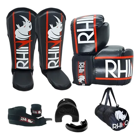 Kit Muay Thai Kickboxing Luva Caneleira Bandagem Bucal Bolsa Cor Preto Tamanho 14oz