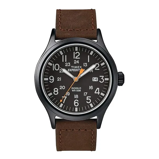 Timex Expedition Scout 40mm Hombre | TW4B125009J | Indiglo | Cuarzo | Correa de cuero café 20mm | Esfera negra con fecha | Resistencia al agua 50m | Cristal mineral | Caja de latón | Reloj de campo